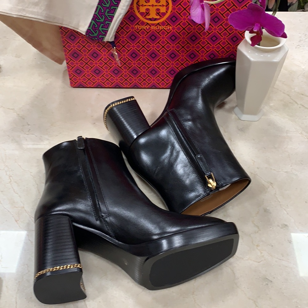 TORY BURCH RUBY PLATFORM CHAIN INLAY HEEL BOOTS - Picture 13 of 15